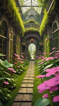 Spray paint style, concept art, landscape of a Mystifying Techno Walkway Market from inside of a Wizard s secret garden, Selective focus