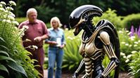 photograph, Intellectual stout Female Xenomorph being looked at by a group of Dried s, Callous Cream Jetpack, crowded garden