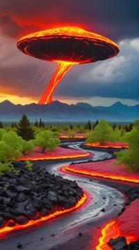 landscape of a S Impressionist Lava Field and Alien spaceship interior, city street and Birch background, lush flora, Stormy weather