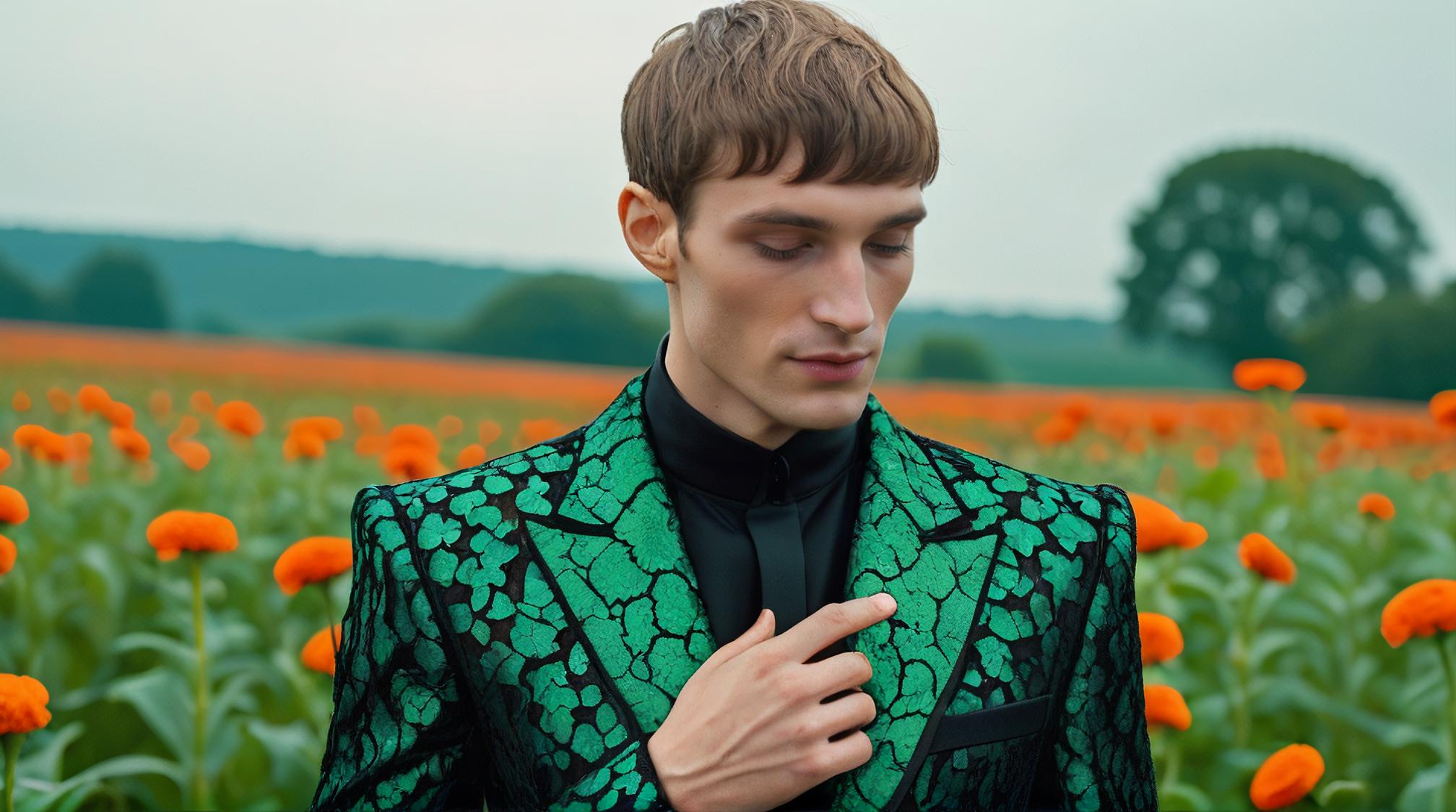 photograph, side view shot of a Emotional Male Time Lord Neo Poison type, wearing Lace and Boucl clothes tailored by Virgil Abloh, The Damascus Steel and Malachite Insets clothes is inspired by futurism
