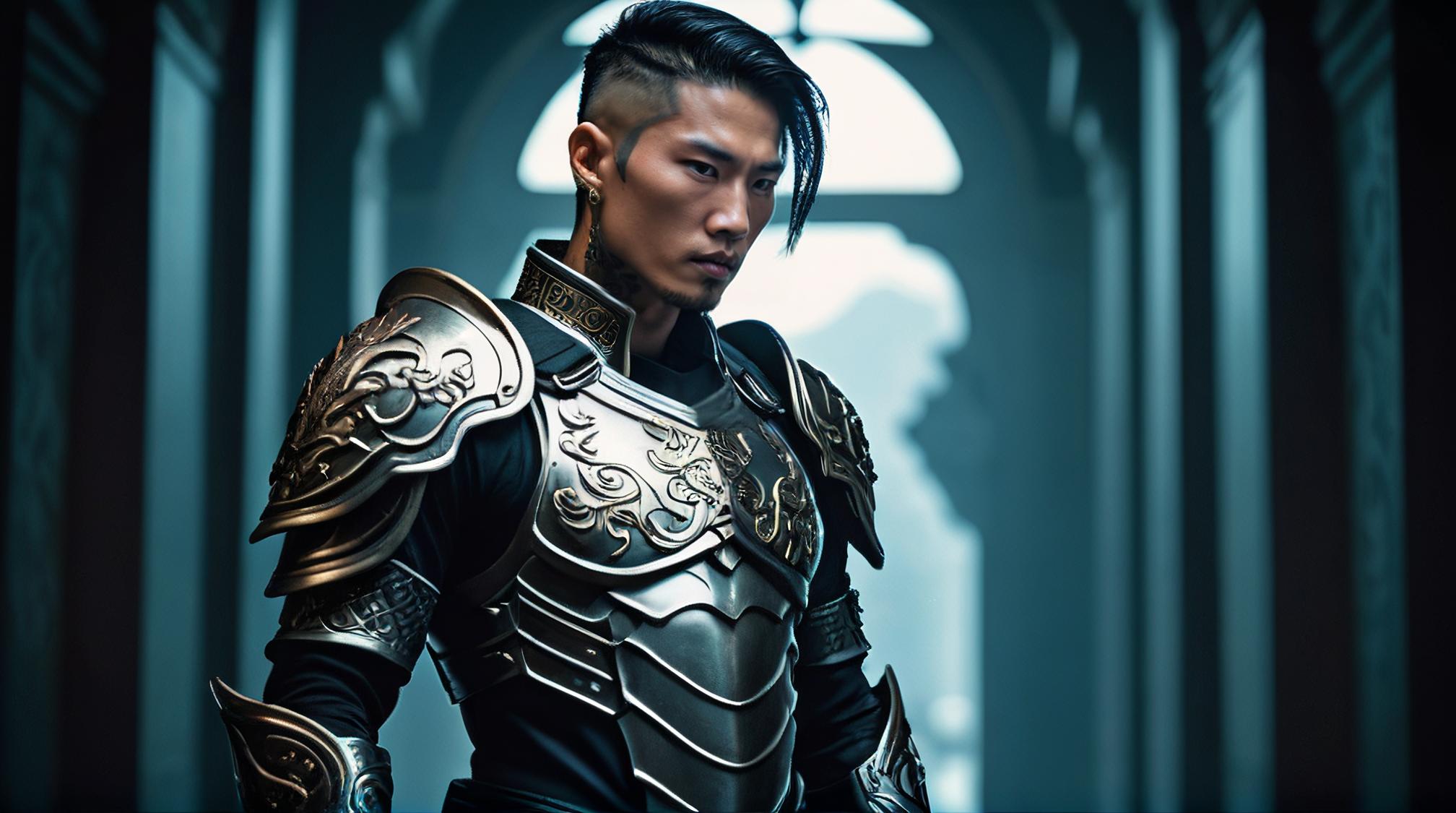 photograph, Fantasy well built Hong Konger Male Voidelf , wearing Alluring armor, his armor is in the style of Tattoo style