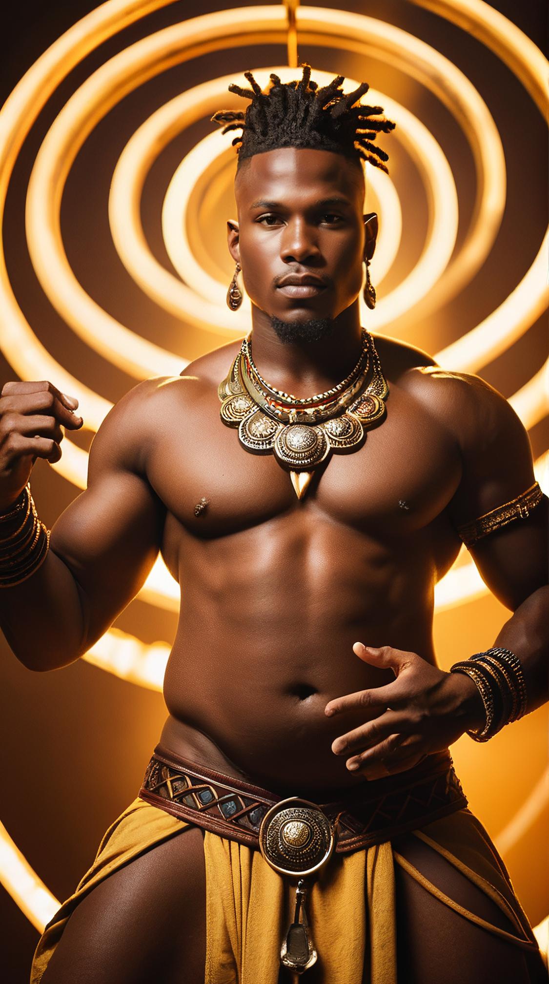 art by Einar H konarson, photograph, overhead angle of a Bantu Male Ifrit, feeling proud