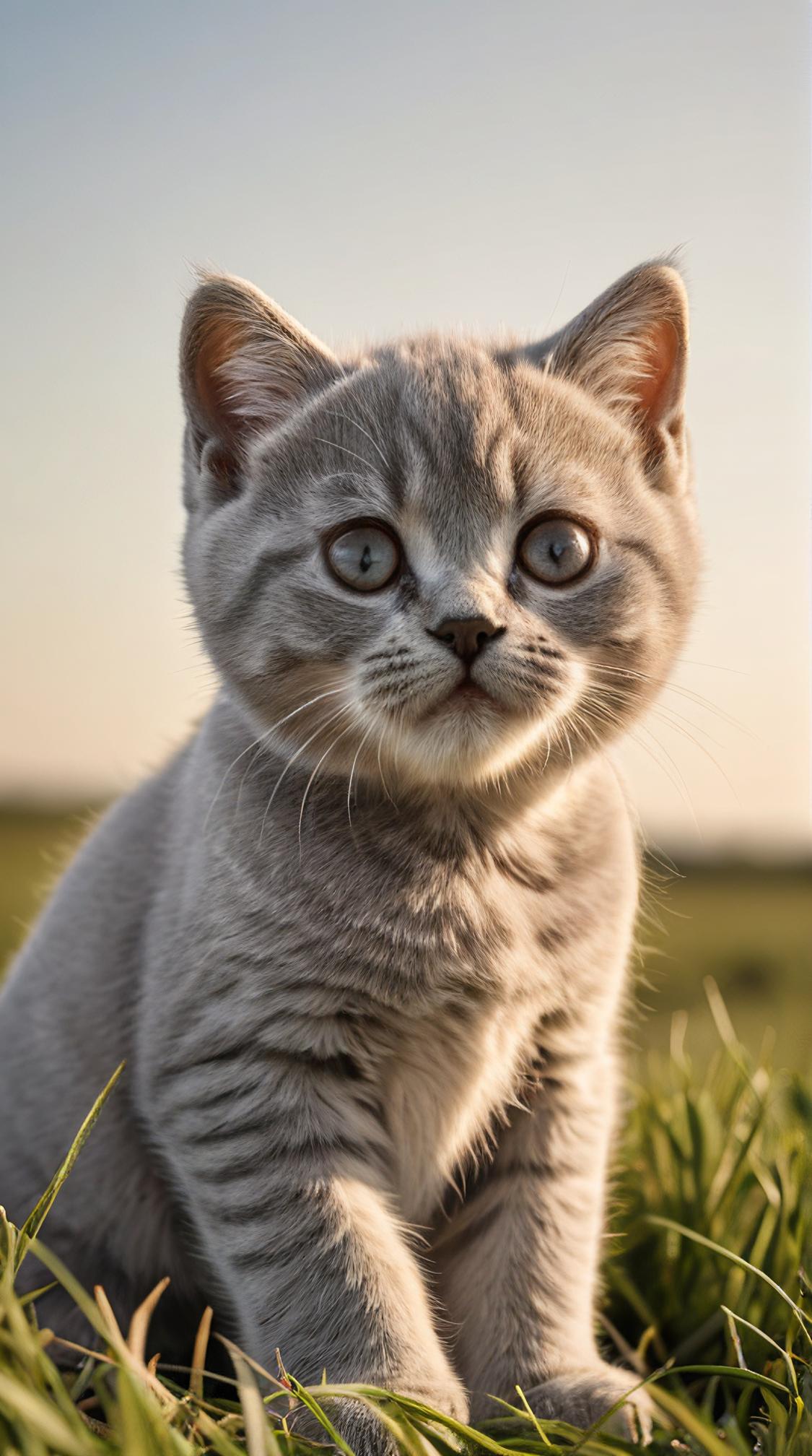 Cinematic still, Sharp focus of a baby British Shorthair Cat, it is Handsome, Clear skies