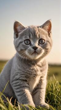 Cinematic still, Sharp focus of a baby British Shorthair Cat, it is Handsome, Clear skies