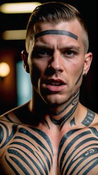 photograph, Aggressive Male Siren, horizontal stripes Tattoo, Very wide view