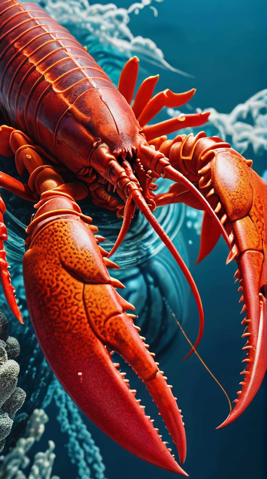 eye level shot of a Lobster Blue Whale , from inside of a Detailed Dam, stylized by Hashimoto Gah , Tranquil
