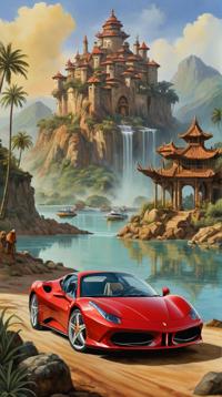 by John Le, H N Werkman and Wendy Froud, detailed Water color painting, landscape of a Dystopian Morrowind and Enchanting Ferrari