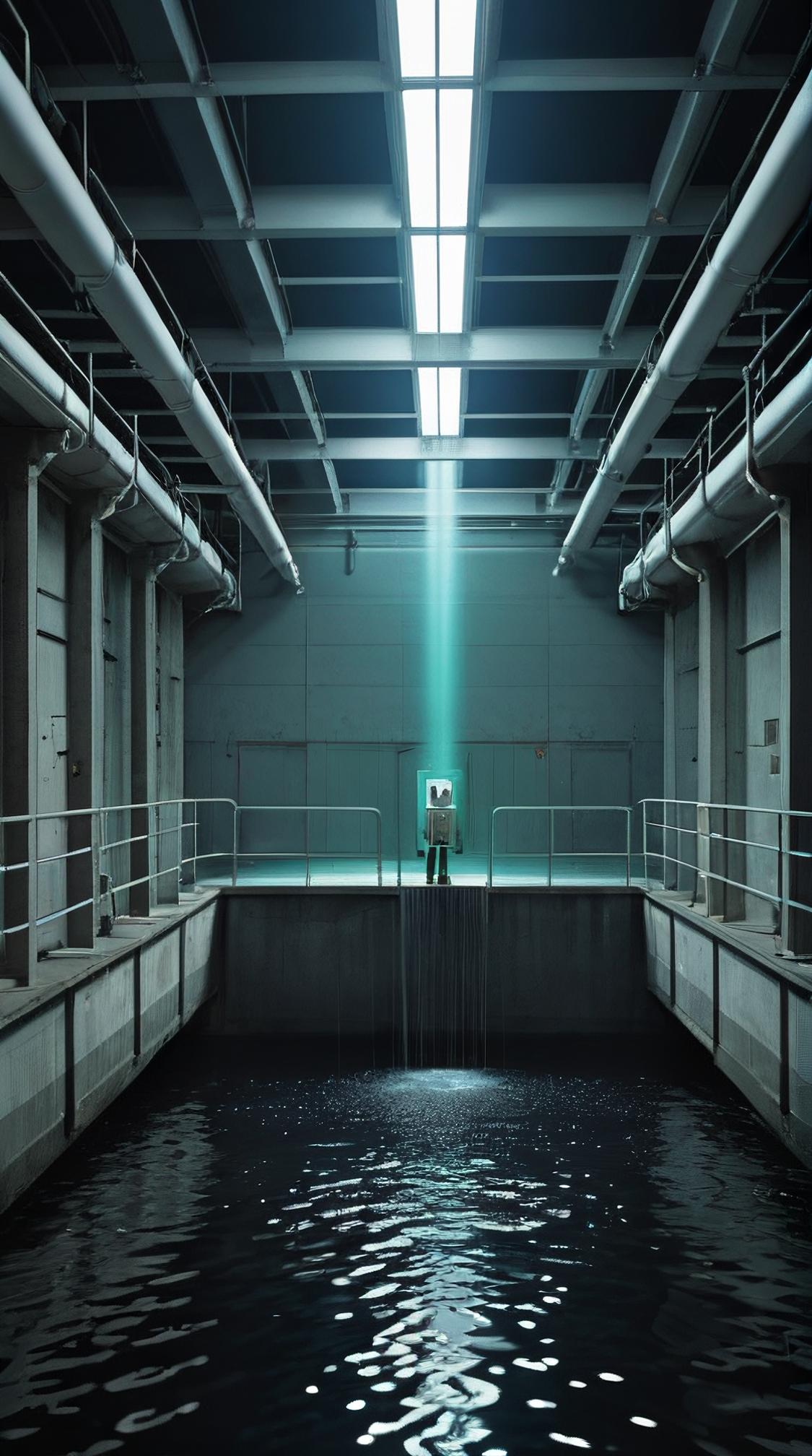 surrealism art designed by Rupert Vandervell and Cathy Wilkes , Color splash, landscape of a Scenic Internally Glowing Dimensional Rift Space Colony , inside a Water treatment plant