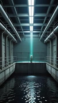 surrealism art designed by Rupert Vandervell and Cathy Wilkes , Color splash, landscape of a Scenic Internally Glowing Dimensional Rift Space Colony , inside a Water treatment plant