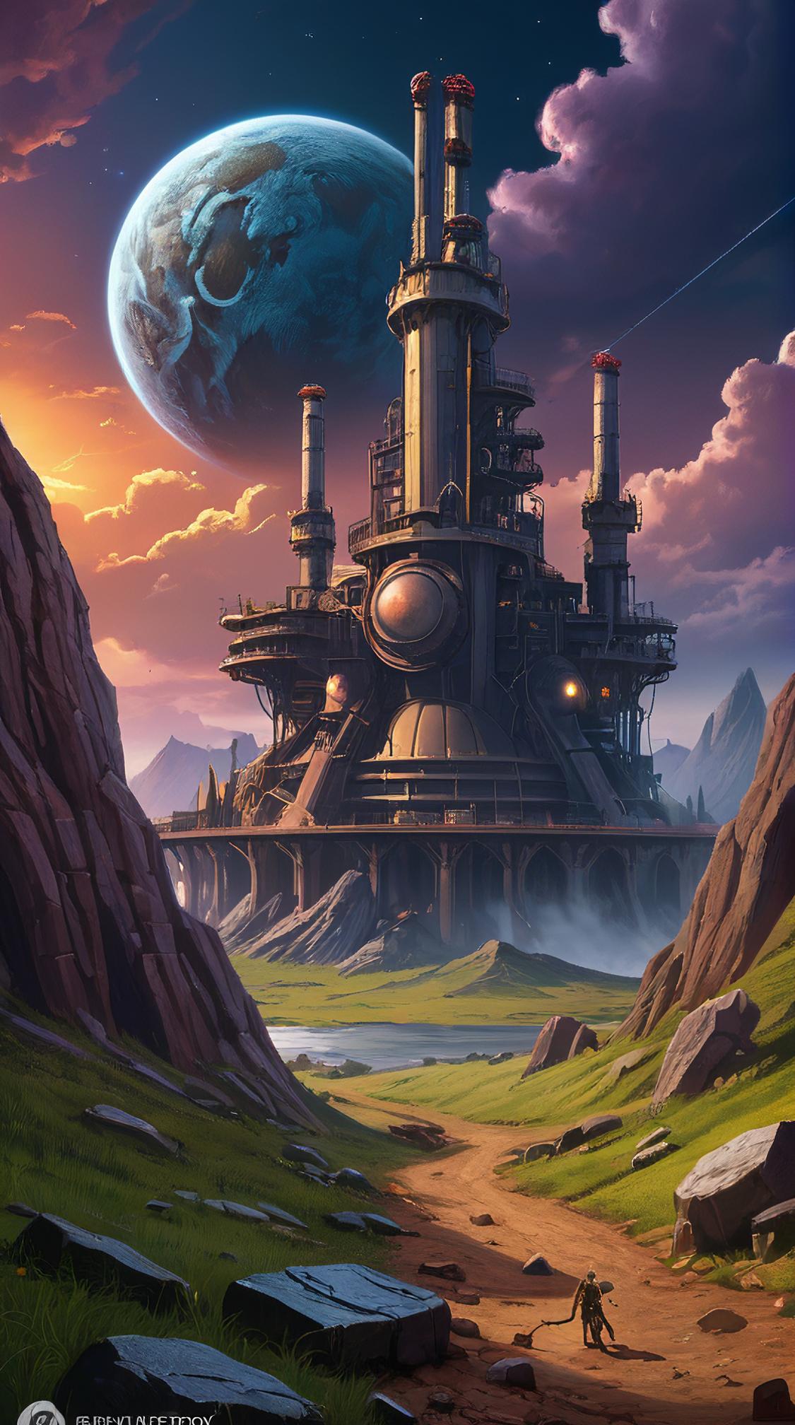 landscape of a Controversial Stormwatch Keep of the Thunderlords, Fossil fuel power station in background, Spiritual, Renaissance