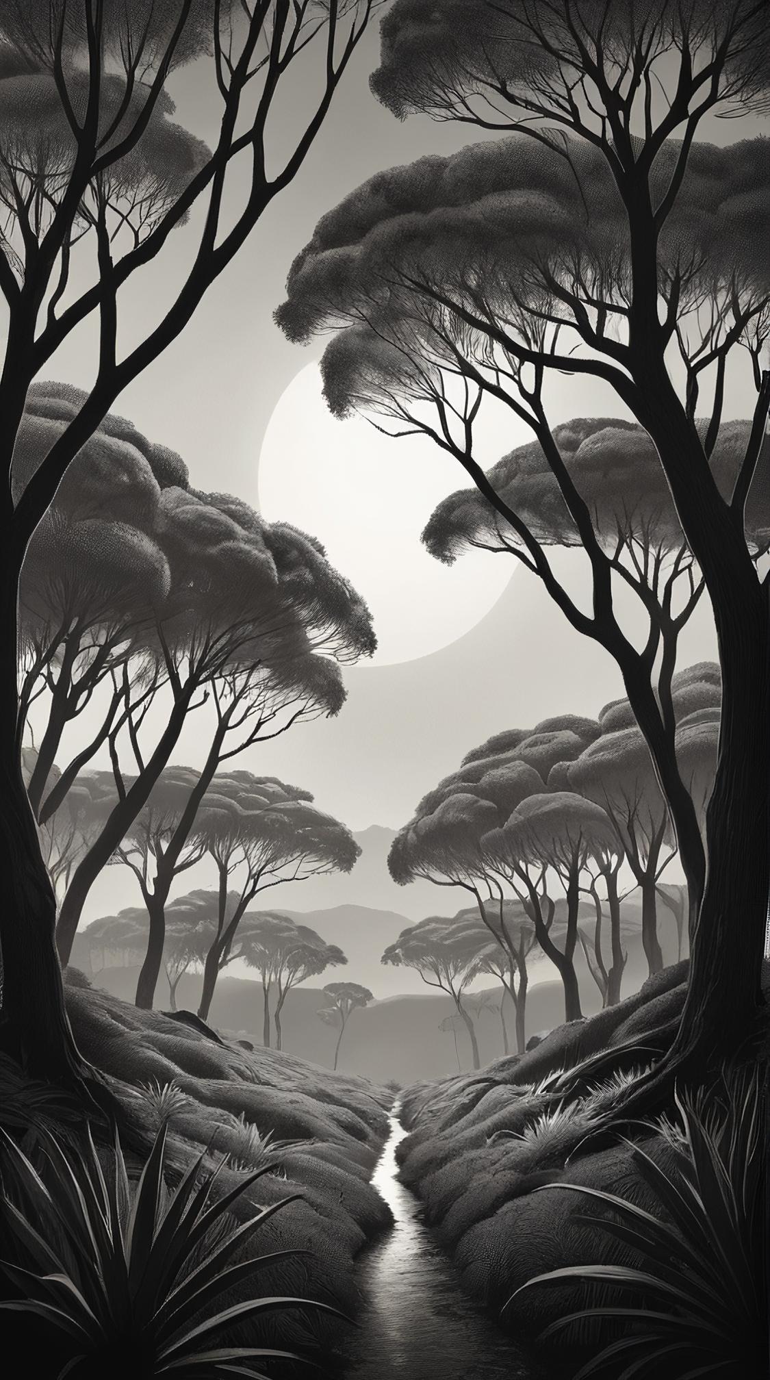 photography art stylized by Jack Hughes and Magali Villeneuve , Movie poster of a landscape of a Ethereal Timeless Mendoza and Papuan Sun dappled copse, Amusing, F