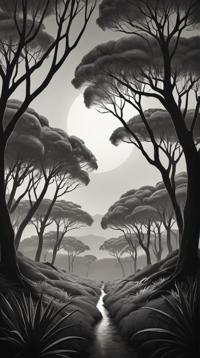 photography art stylized by Jack Hughes and Magali Villeneuve , Movie poster of a landscape of a Ethereal Timeless Mendoza and Papuan Sun dappled copse, Amusing, F