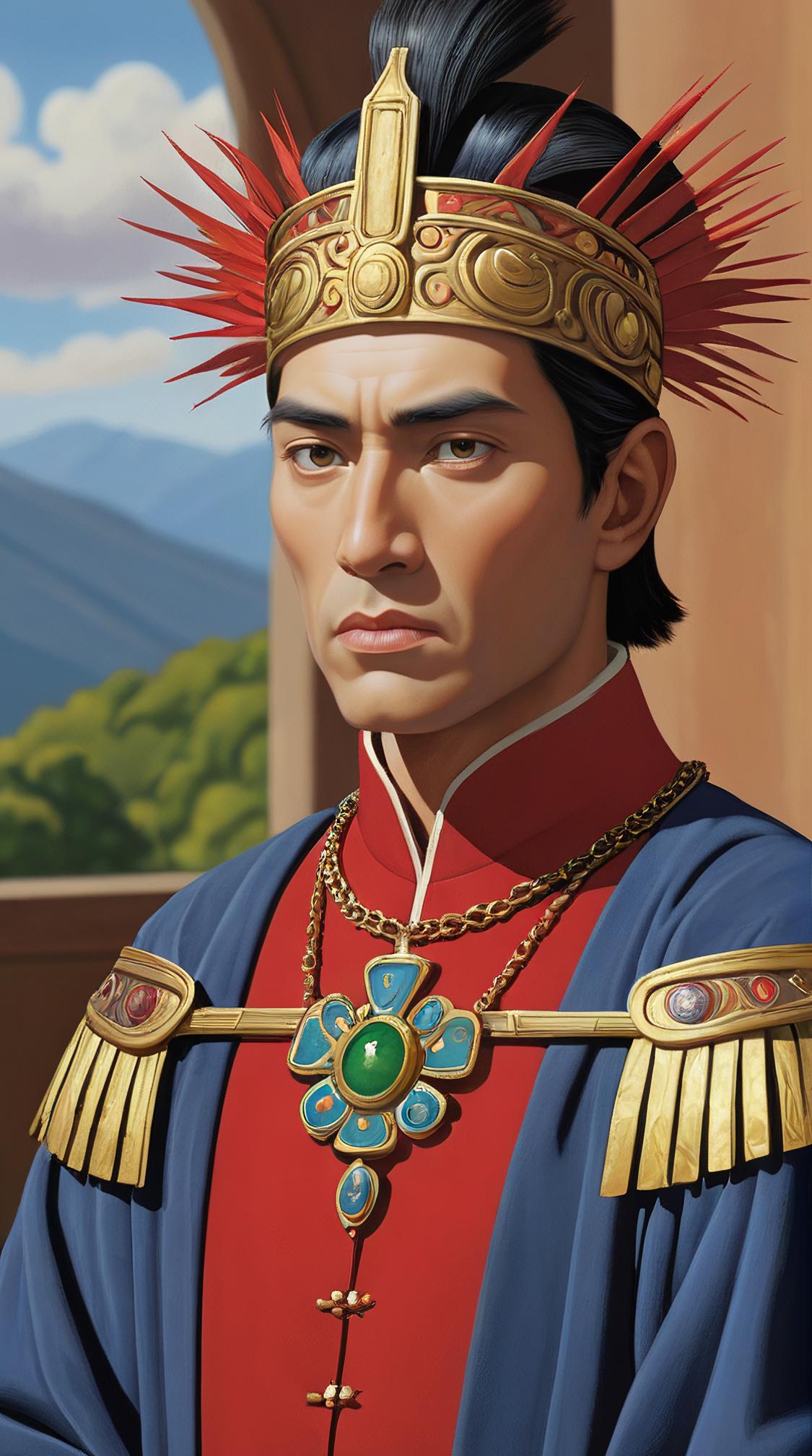 designed by Nicholas Hely Hutchinson, Prudence Heward and Lorenz Hideyoshi, Rule of Thirds, close up of a slender Inca Roma Male Emperor