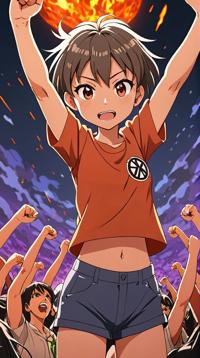 anime, Arrogant Girl , Raising fist pose, Buzz cut hair