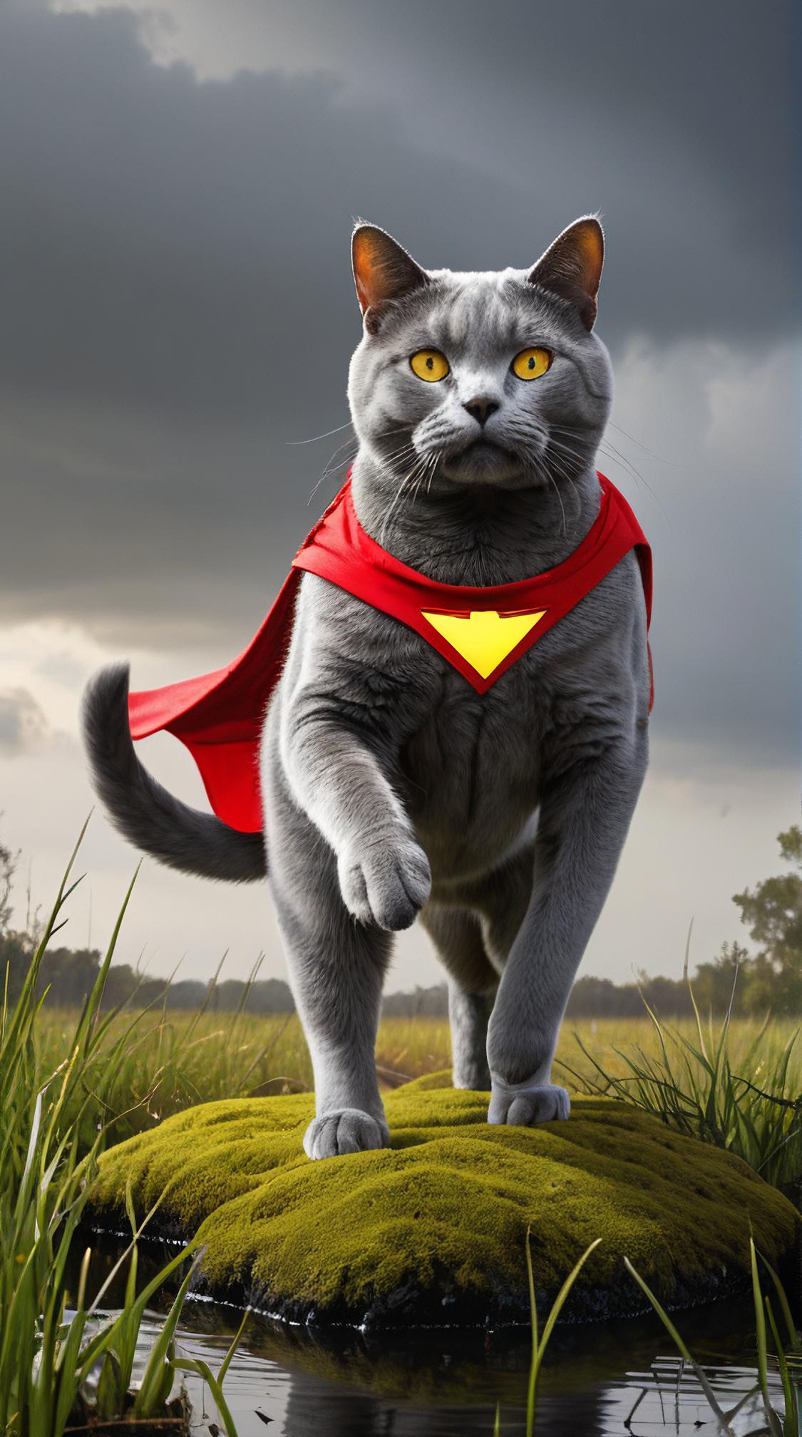 iconic superheroes, Unique Chartreux Cat, inside a Bog, Wide view