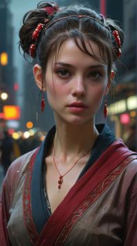 messy art designed by Jeremy Mann , D Rendering, Kawaii flyweight Female Replicant, the Replicant is dressed in Traditional attire