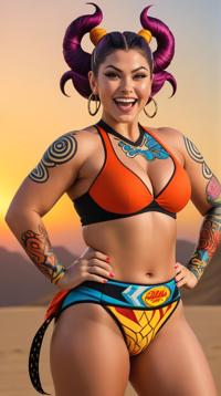 Exotic Iraqi Female Tiefling Alexa Bliss Sumo Wrestler, chuckling, JoJo pose, Two Tone hairstyle