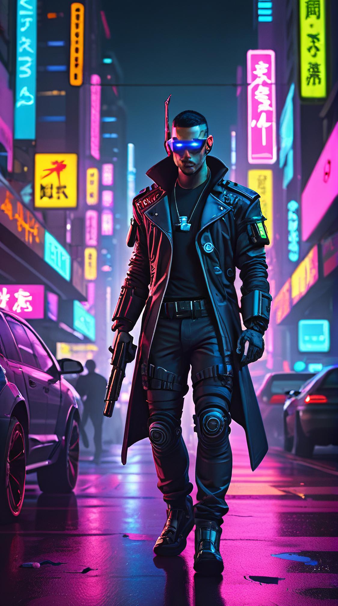 cyberpunk, concept art, cyborg Burak, background is night city