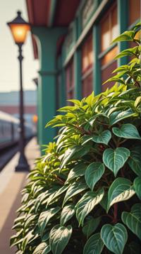 side profile of a Art Deco Shrub, Repugnant and Grand, background is Train station, Joyful