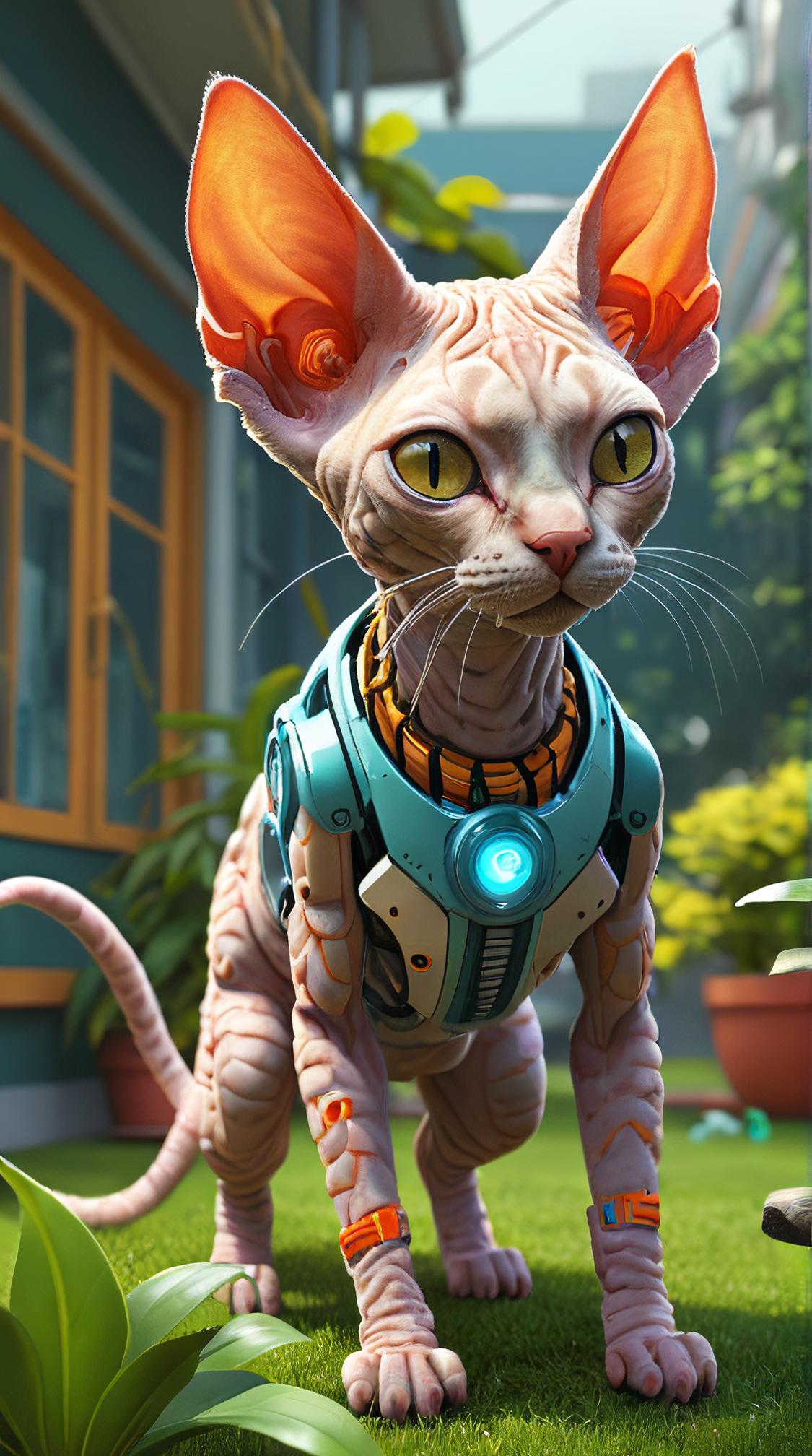 sci fi, stylized by Alejandro Burdisio, digital art, hip level shot of a robotic Devon Rex Cat