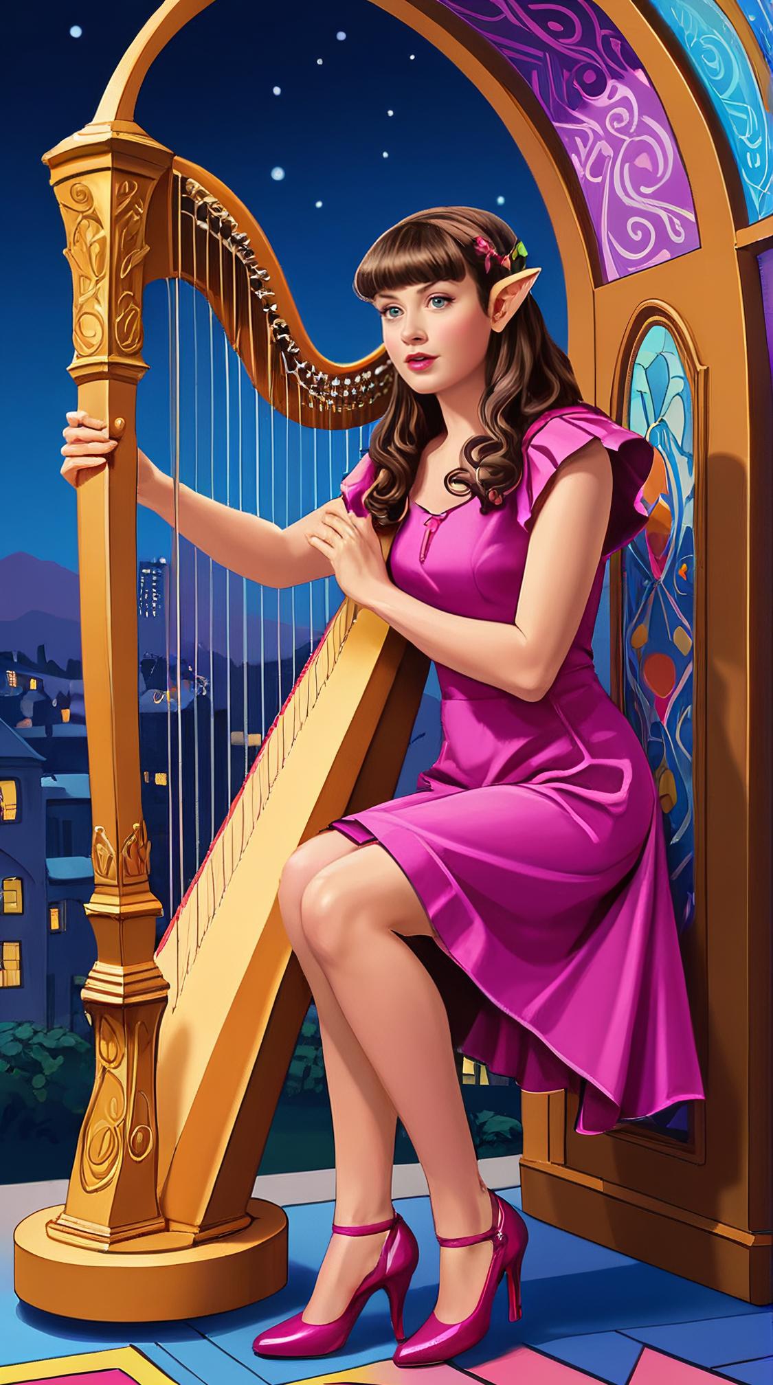 Pretty Brilliant tiny Male Hobbit Harpist, with a Ladybird, feeling shocked, he is dressed in Sheath dress and pumps