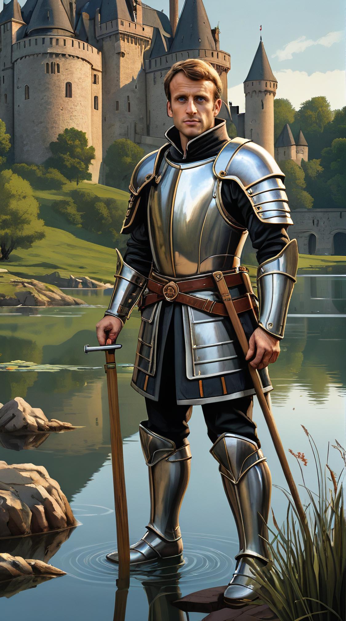 Drawing, Golden ratio, wide shot of a Hateful Dorky Emmanuel Macron Fishing, wearing knight metal Belief armor with Velvet details
