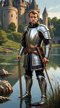 Drawing, Golden ratio, wide shot of a Hateful Dorky Emmanuel Macron Fishing, wearing knight metal Belief armor with Velvet details