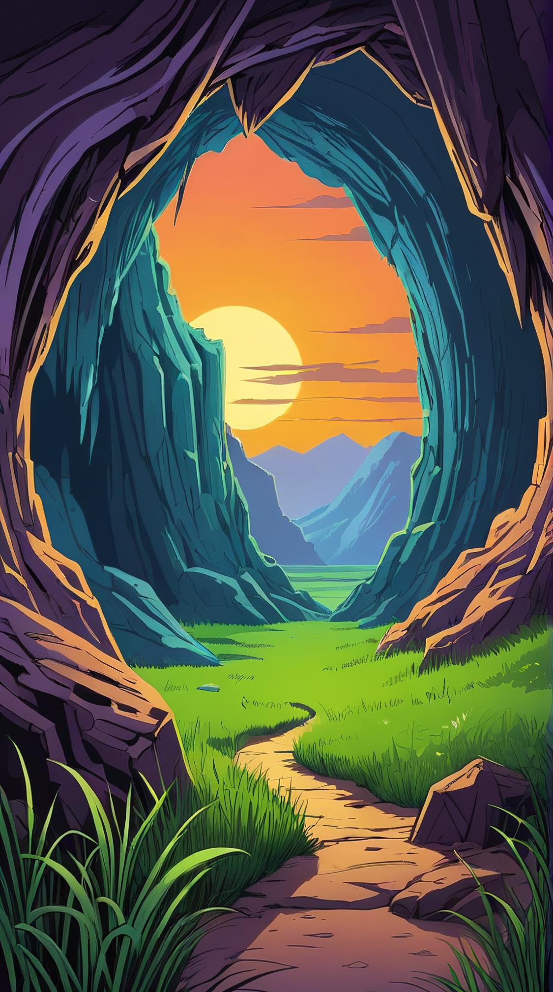 Drawing, landscape of a Mysterious Cave , grass, at Twilight