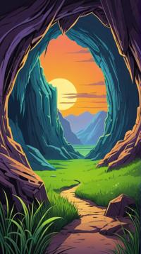 Drawing, landscape of a Mysterious Cave , grass, at Twilight