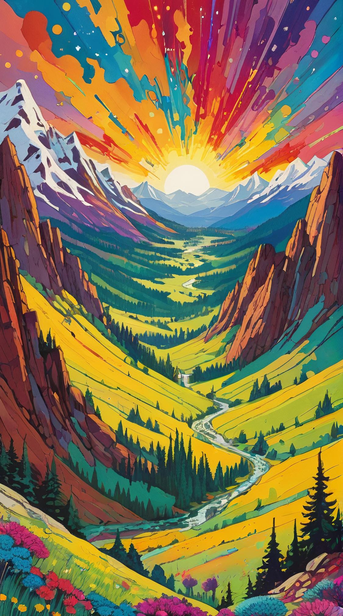 tilt and drip painting art of a Colossal The Birth of Resonance , mountains and hillside, Bokeh, Romantic