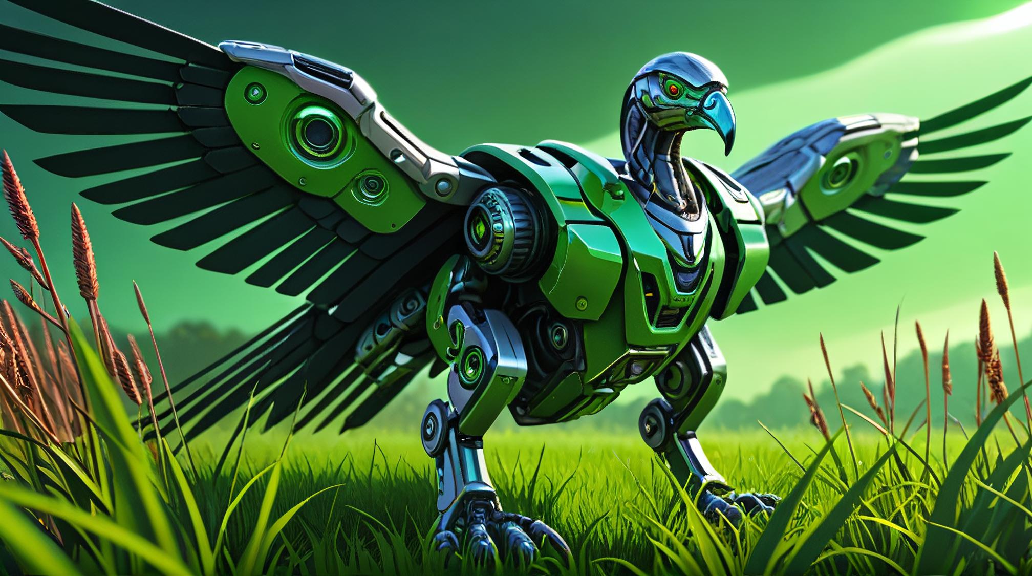sci fi, digital art, robotic green Vulture, it is wearing a Vorticism Art fashion style cybernetics
