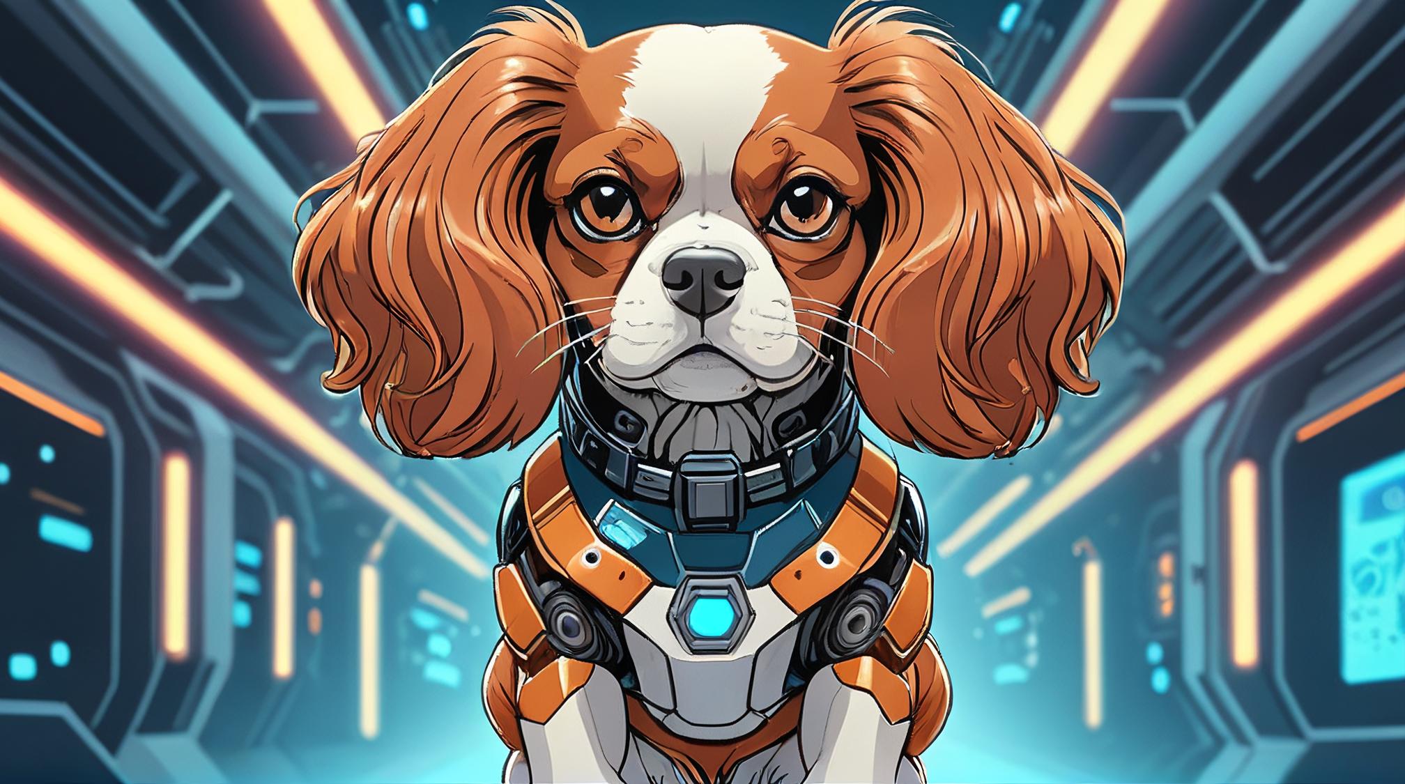 sci fi, art by Josan Gonzalez, digital art, rear angle of a robotic Cavalier King Charles Spaniel