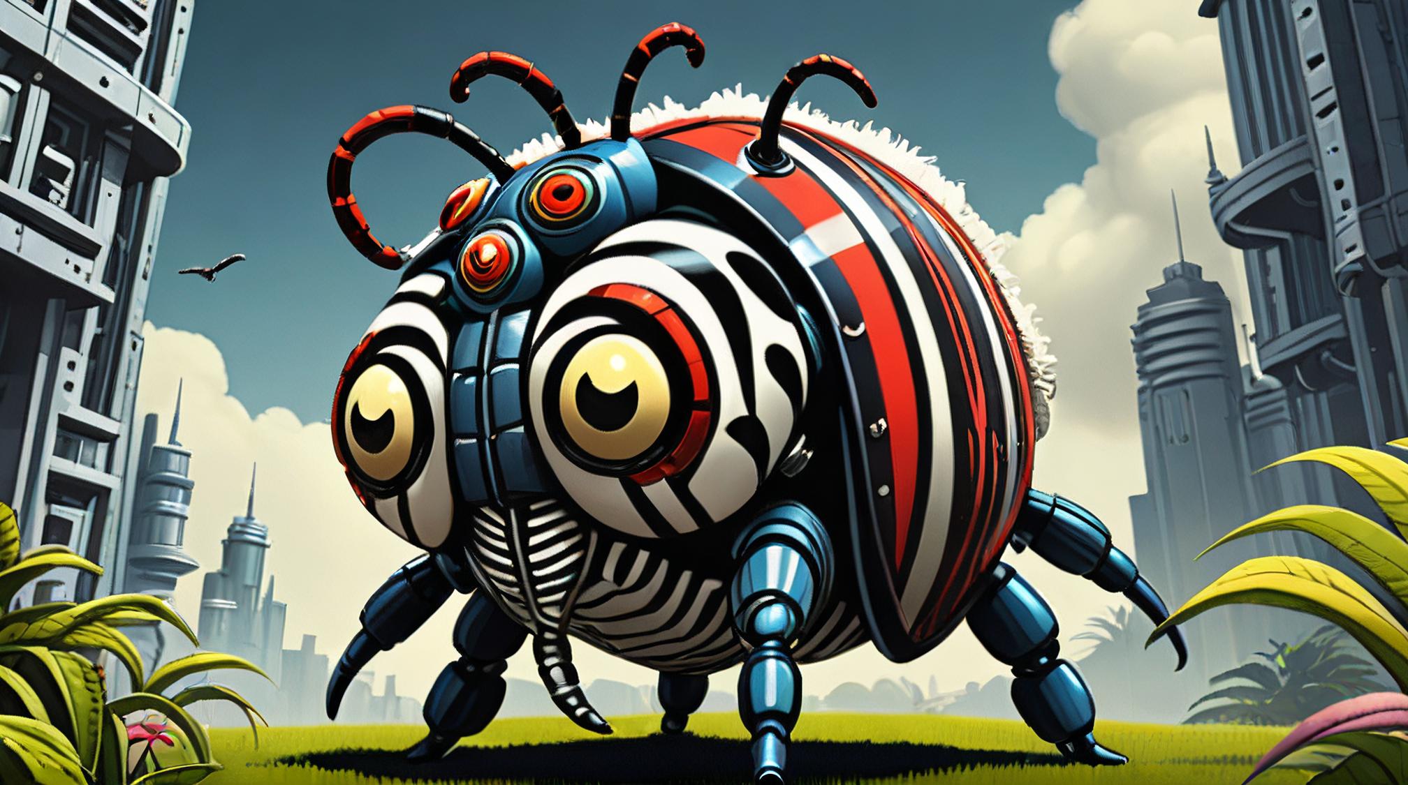 sci fi, designed by Jack Kirby and Juan Gim nez, digital art, robotic Ladybird