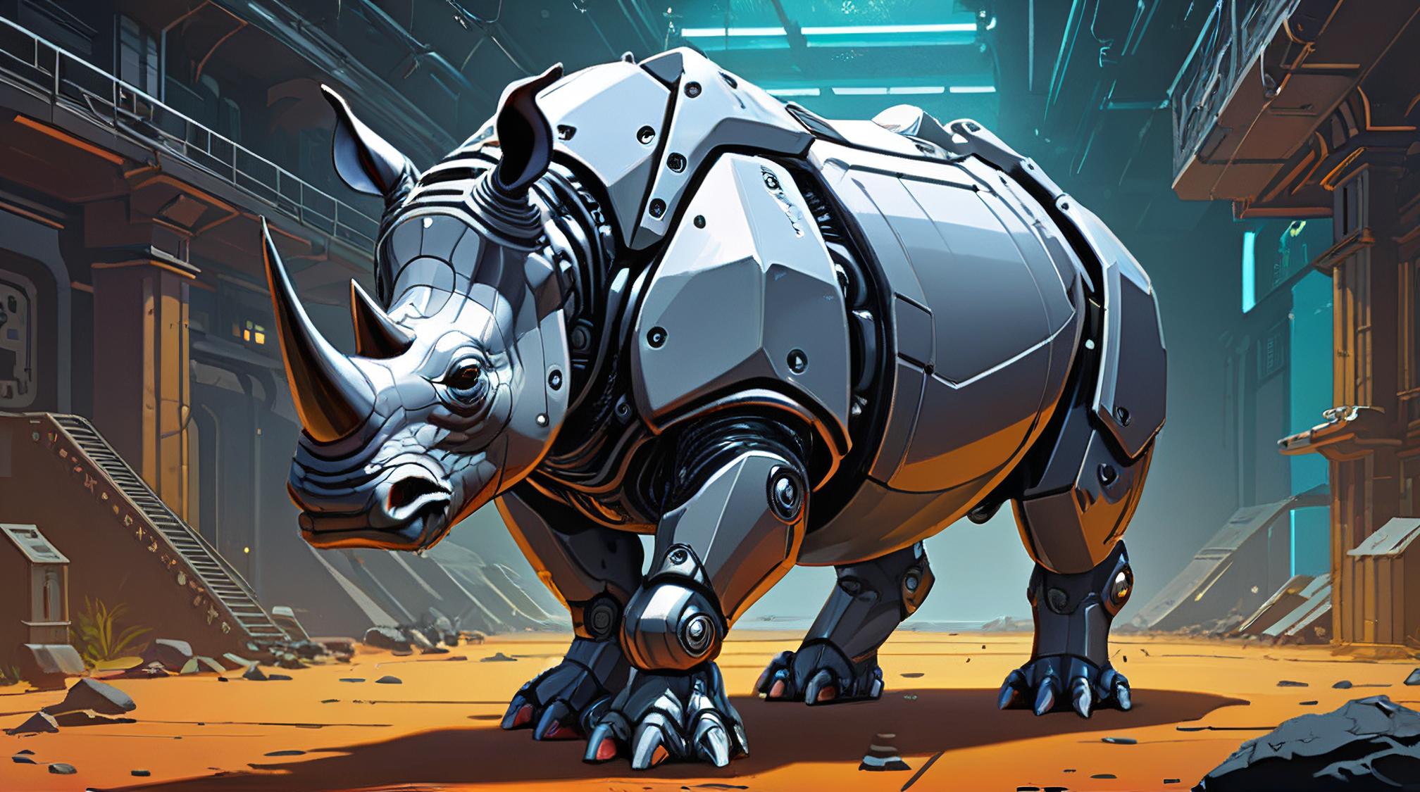 sci fi, digital art, robotic Rhinoceros, the Rhinoceros is wearing Cameroonian cybernetics