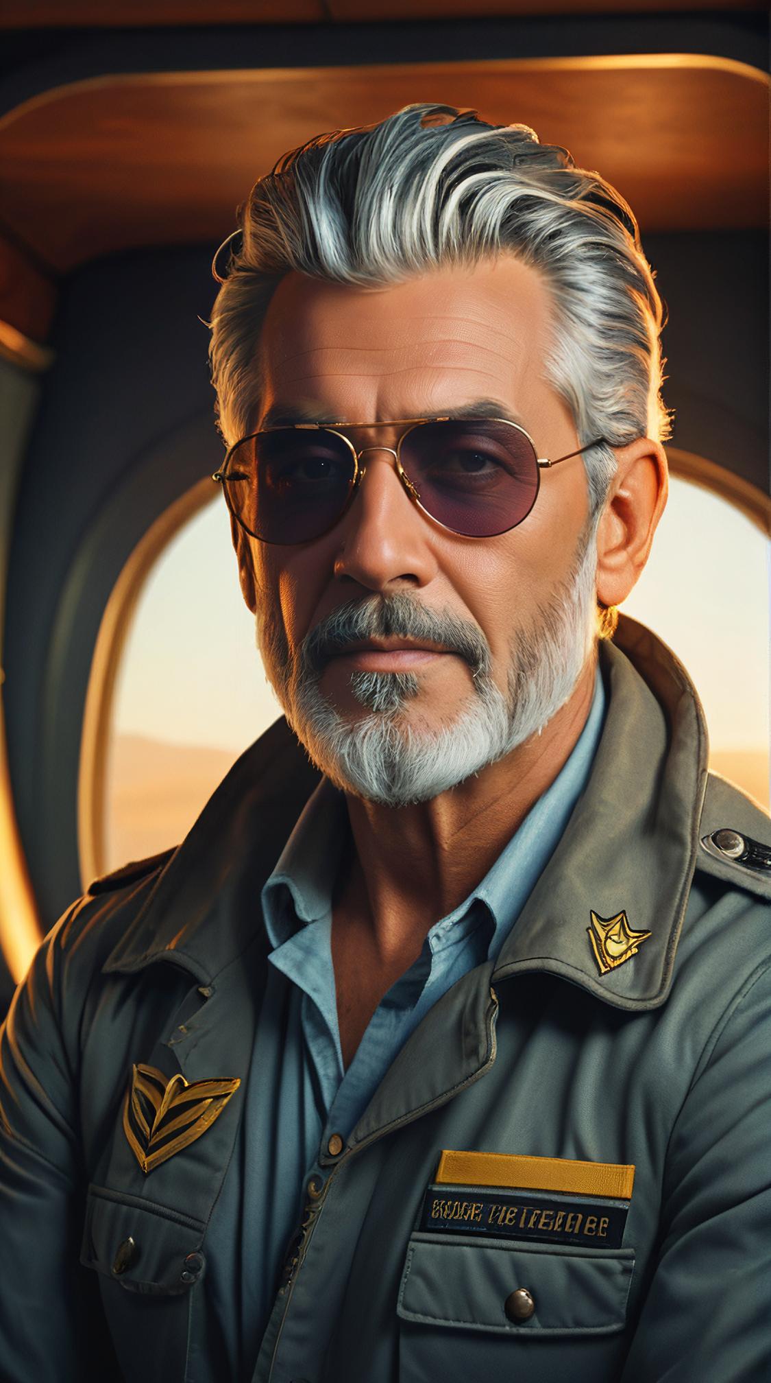 Portrait, Full length frame of a Soothing Revolting Steerage Male Elemental, Gray hair styled as Beehive, Aesthetic aviator sunglasses