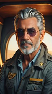 Portrait, Full length frame of a Soothing Revolting Steerage Male Elemental, Gray hair styled as Beehive, Aesthetic aviator sunglasses