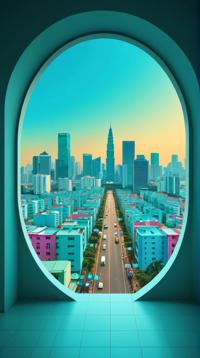 landscape of a Cyan Ho Chi Minh City, from inside of a Portal, Simple illustration, Geometric Abstract Art