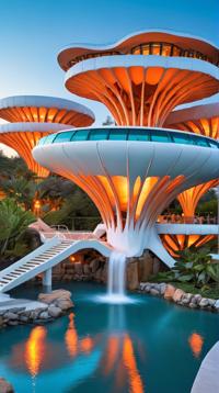 designed by Paolo Soleri, White and Teal The Legend of Joy , at Blue hour, Realistic
