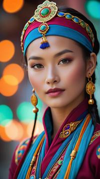 Fashion photography of a Wonderous supermodel, she is wearing Tibetan fashion outfit, Cyberpop, bokeh