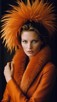 art by David Sims, Fashion photography of a supermodel inside a Vase, wearing Traditional deep orange fashion outfit, Fur Scarf