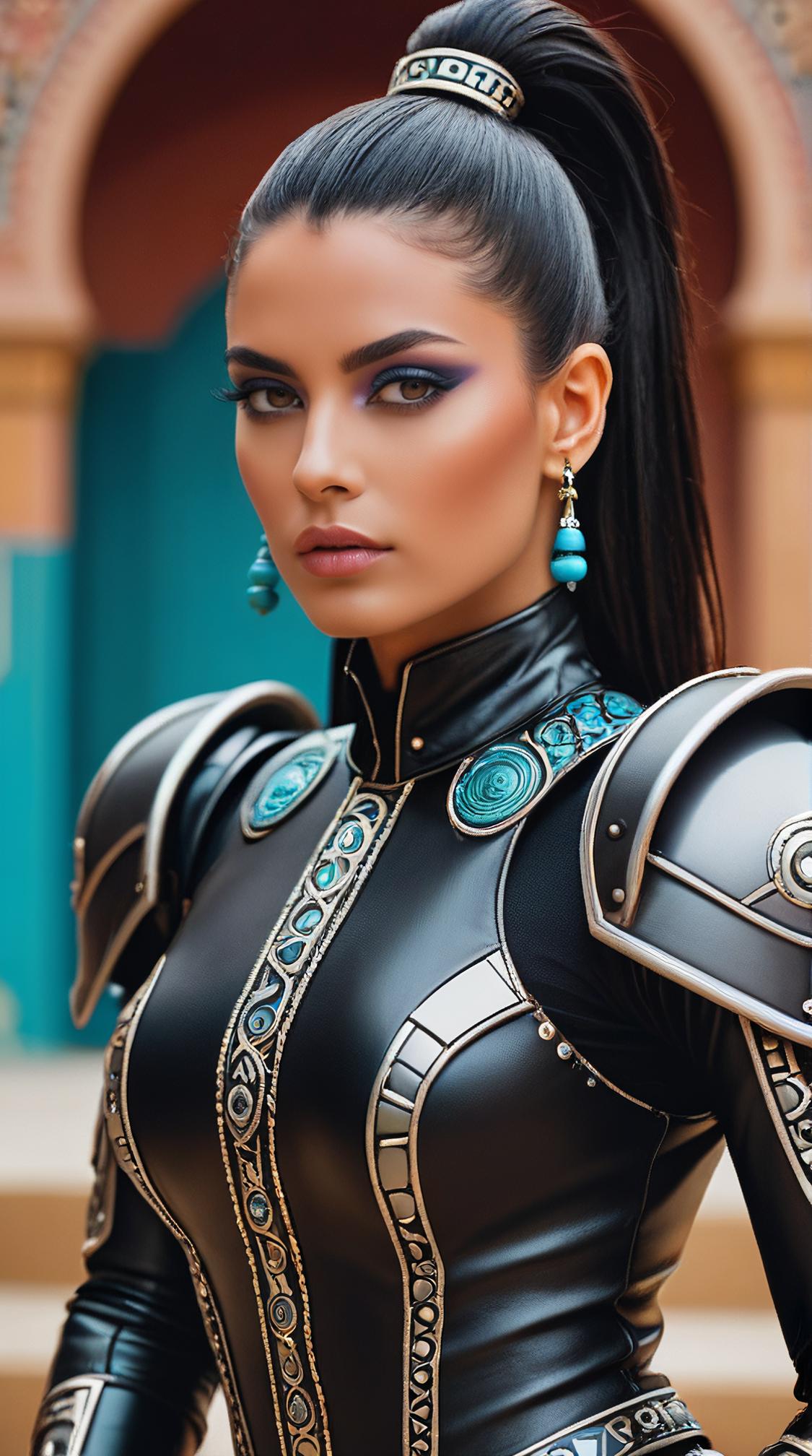 Fashion photography of a Magical Persian Robot supermodel, wearing Leather and Onyx Details fashion outfit, Mayan hair styled as Ponytail, Fujicolor Pro H