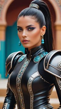 Fashion photography of a Magical Persian Robot supermodel, wearing Leather and Onyx Details fashion outfit, Mayan hair styled as Ponytail, Fujicolor Pro H