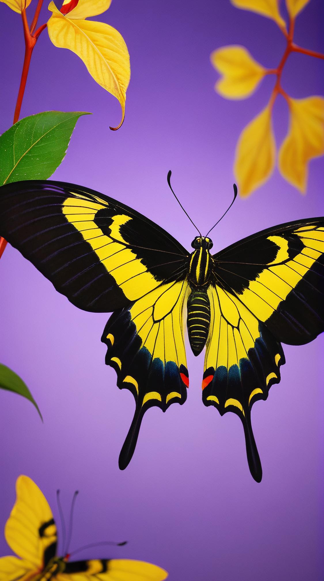 view of a Wallace s Golden Birdwing , Gorgeous and Dreamy, Violet background, foliage