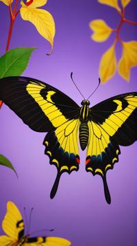 view of a Wallace s Golden Birdwing , Gorgeous and Dreamy, Violet background, foliage