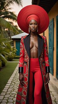 designed by Philip Treacy and Rick Owens, Fashion photography of a supermodel Rapper, feeling flustered, she is dressed in Haitian fashion outfit