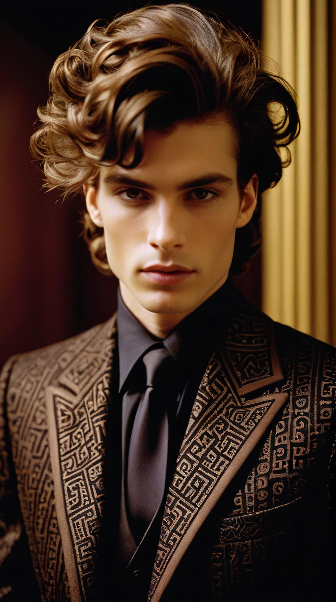 Fashion photography of a supermodel , he is noir and beautiful, wearing fashion outfit, has lots of intricate details