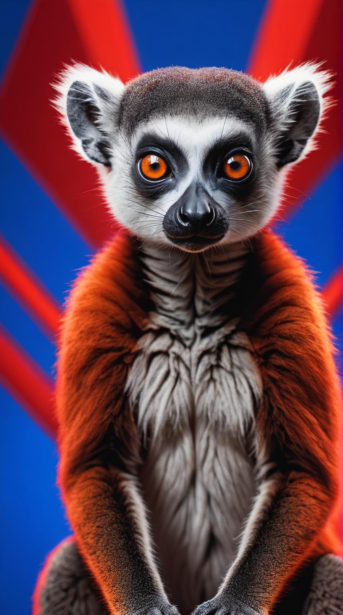 Refined Lemur, electric red and electric blue background, Sharp and in focus, designed by Marek Okon and dan mumford