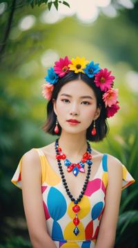 Fashion photography of a Taiwanese supermodel , she is wearing a fashion outfit, her fashion outfit is Small and has Harlequin print on it, Flower Necklace