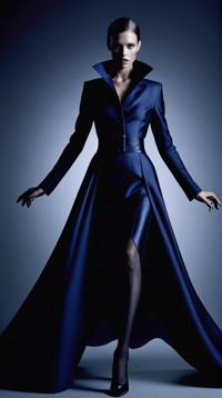 designed by Nick Knight , Fashion photography of a supermodel, wearing pleasant dark indigo fashion outfit, moody lighting