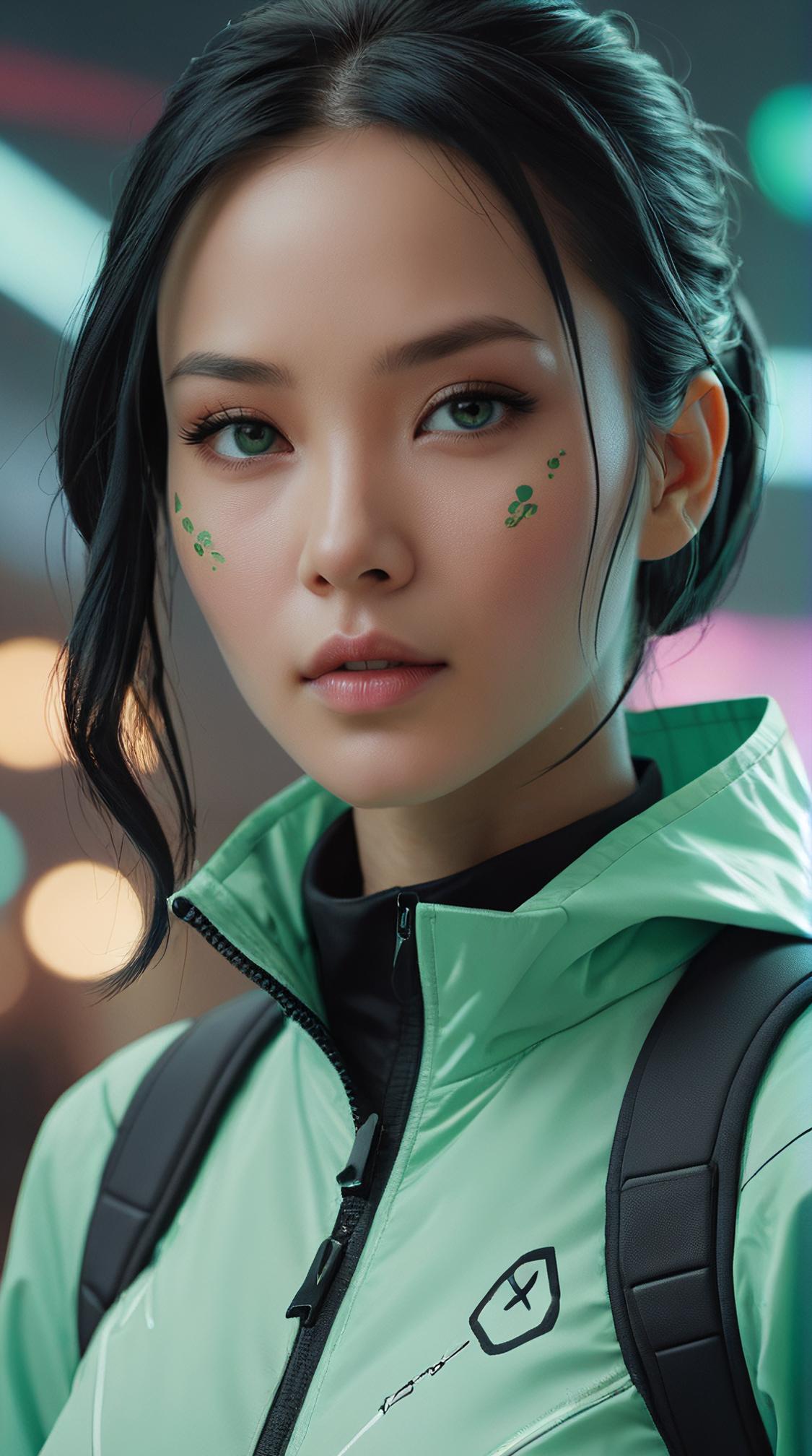 by Bastien Lecouffe Deharme, Shilin Huang, close up of an elegant Female Martian , dressed in Majestic Mint green Windbreaker